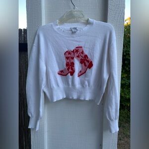 Haute Hippie White Short Sweater Pink Red Cowboy Cowgirl Boots Cozy - Size S